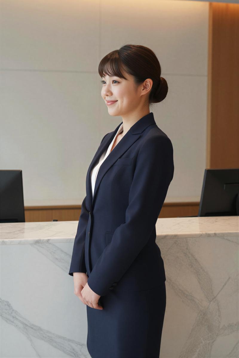 ネイビーのブレザー姿でホテルに佇む女性