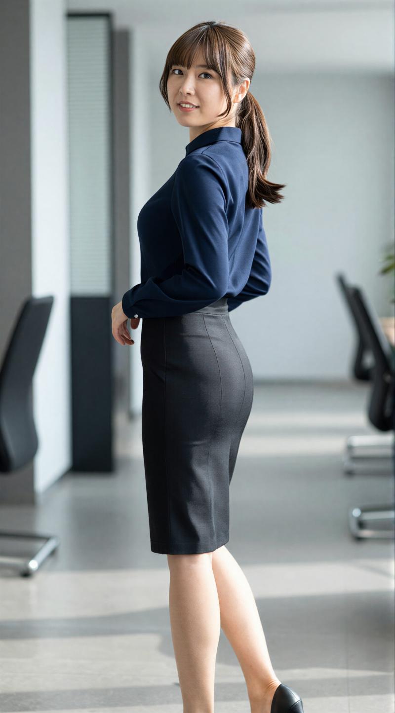 ネイビーのブラウス姿でオフィスに佇む女性