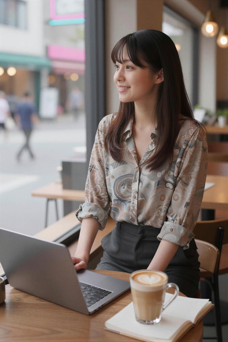 カフェでアイデアを練る女性