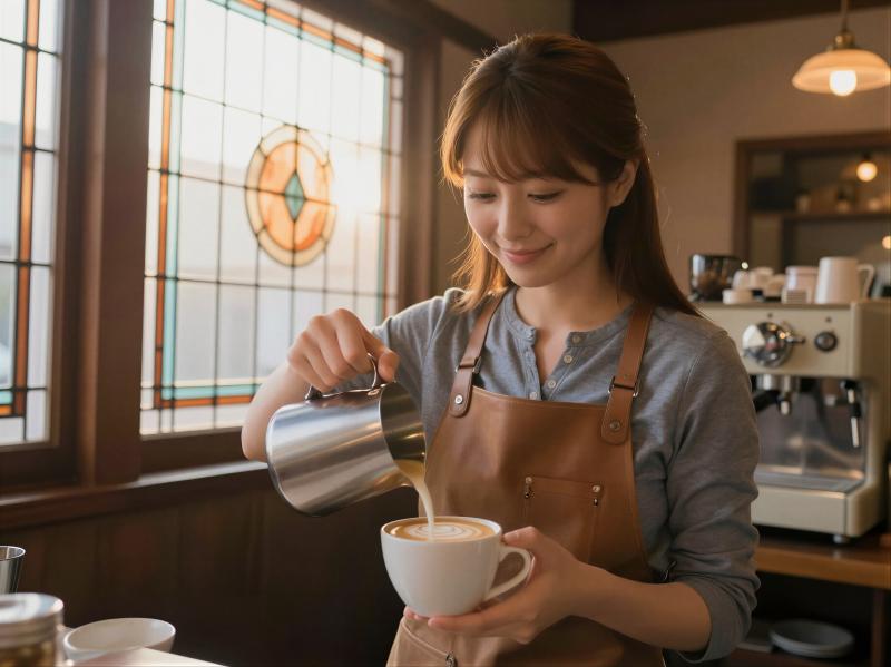 レトロカフェでラテアートを注ぐバリスタ