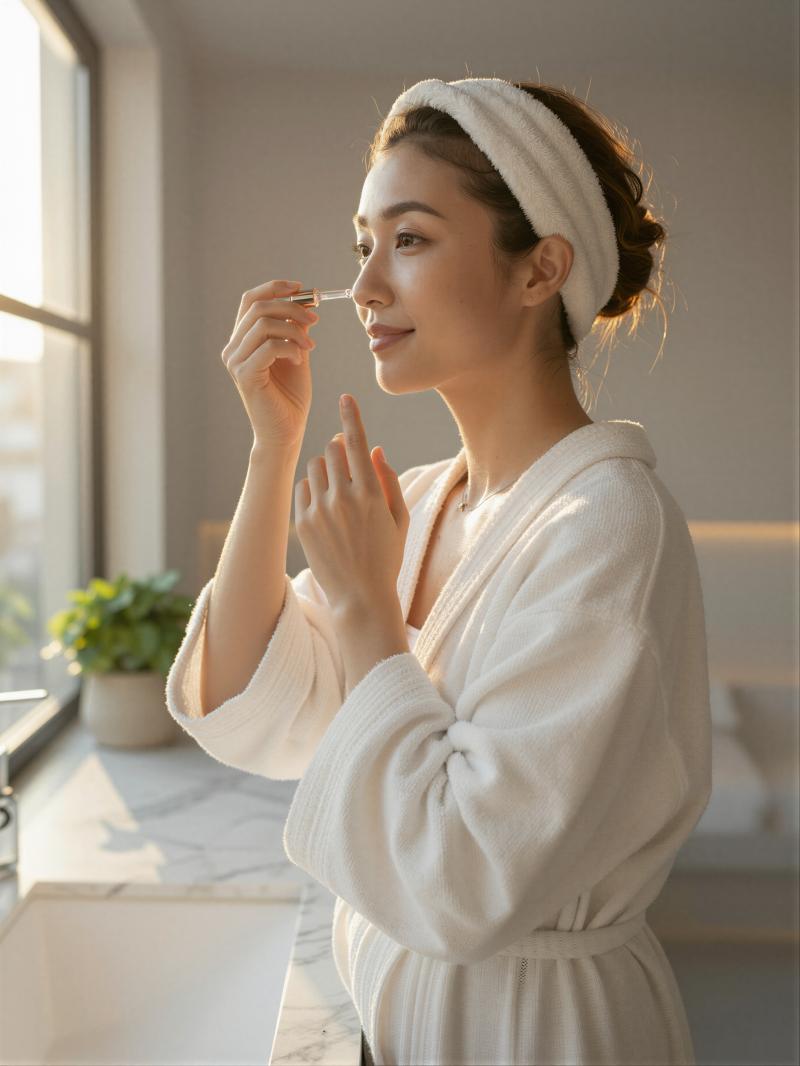 朝の洗面所で美容液を塗る女性