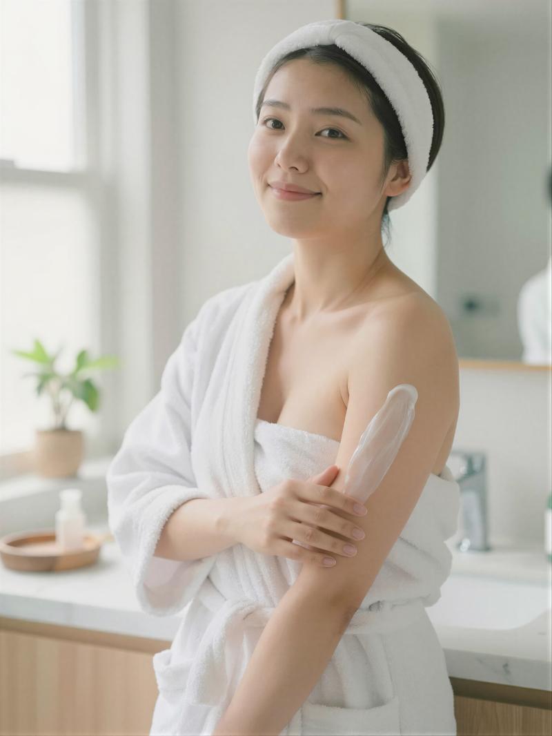 洗面所でボディローションを塗る女性