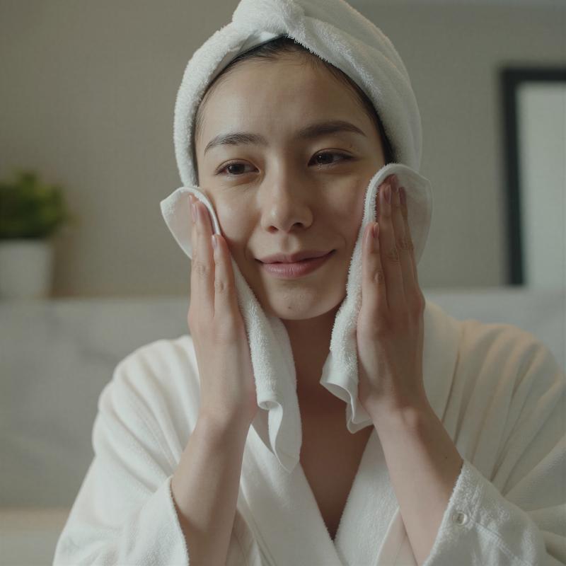 洗面所で洗顔後に顔を拭く女性