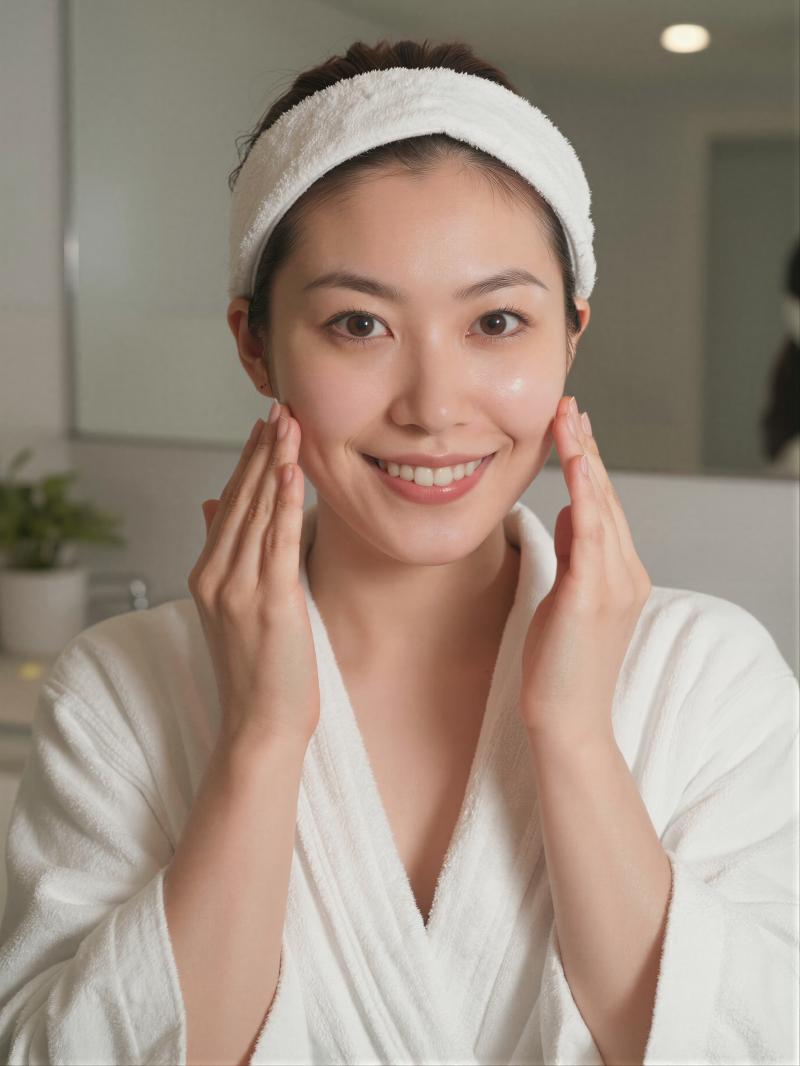 スキンケア後の肌に満足する女性