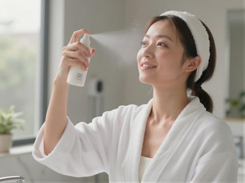 洗面所でミストを浴びる女性