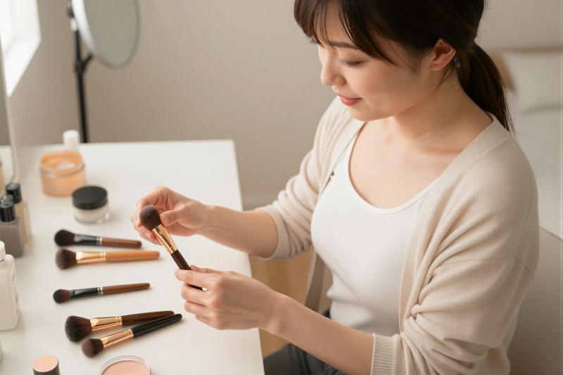 寝室でメイク道具を整理する女性