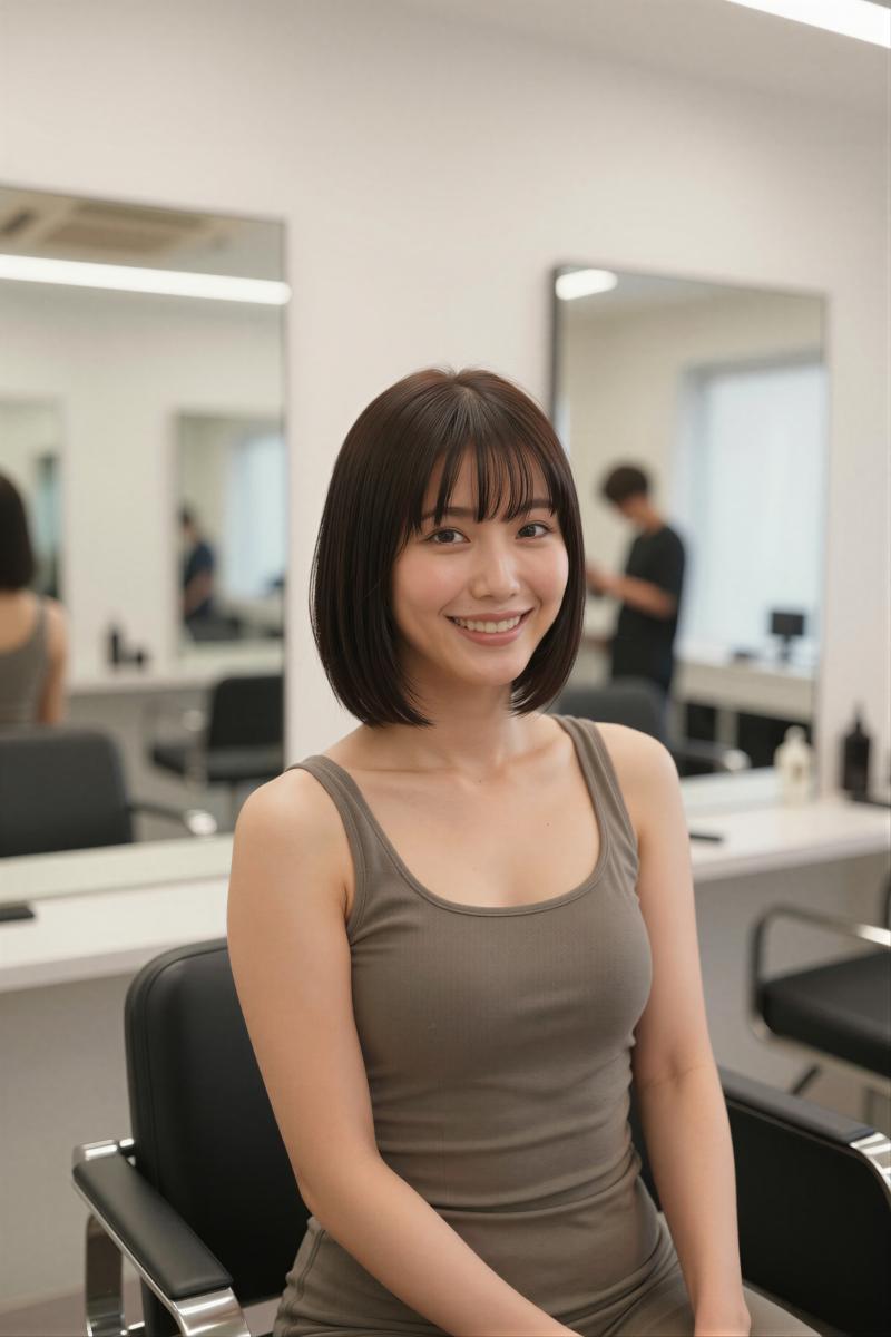 美容室で新しい髪型に満足する女性