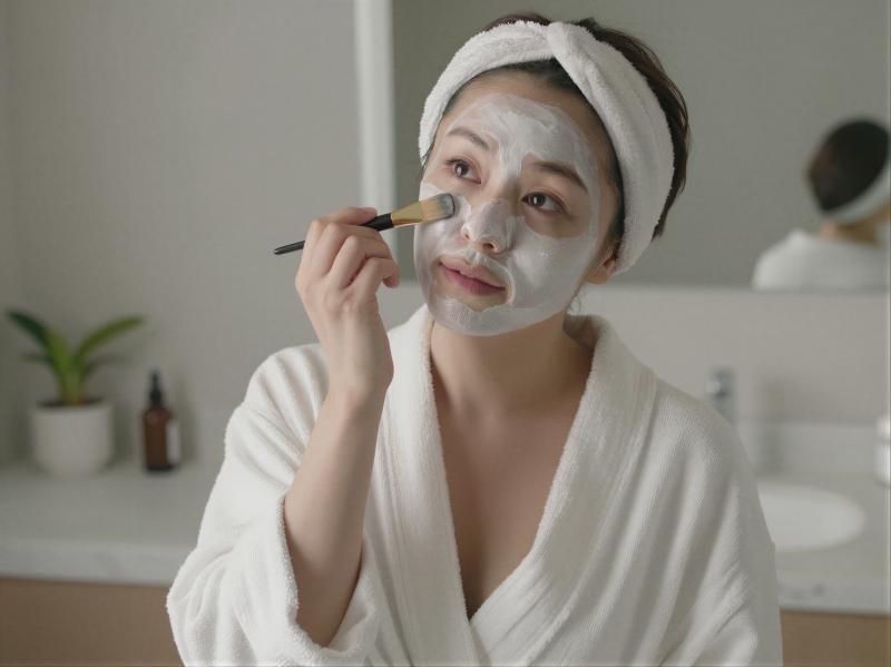 洗面所でクレイマスクを塗る女性