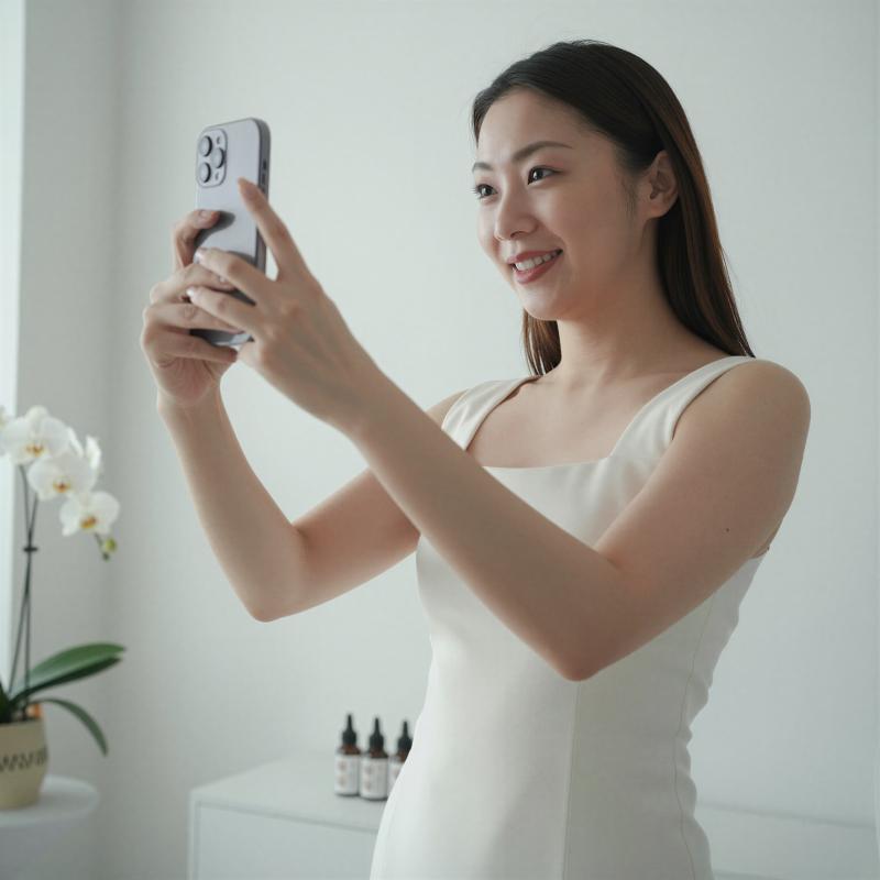 スタジオで美肌セルフィーを撮る女性