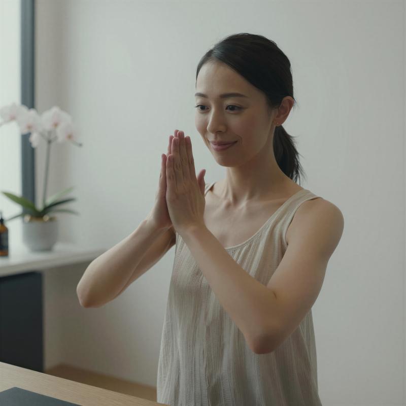 スタジオで顔ヨガをする女性