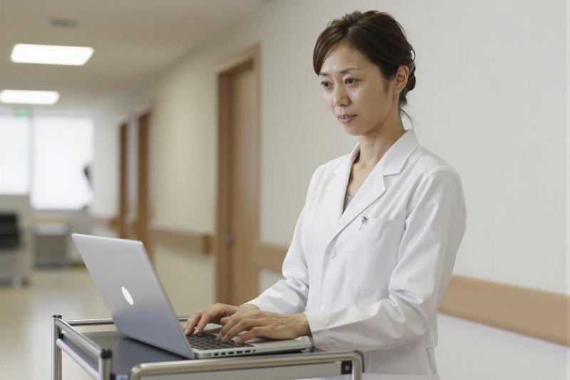 廊下で医療記録をPC入力する医師