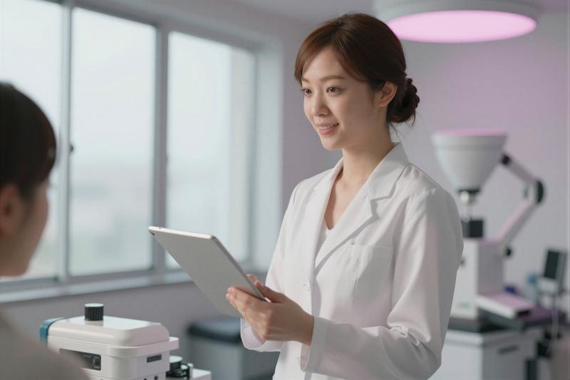 タブレットで治療法を説明する医師