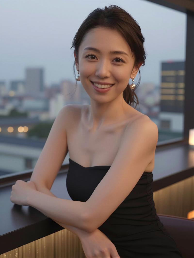 屋上バーでくつろぐ女性スタッフ