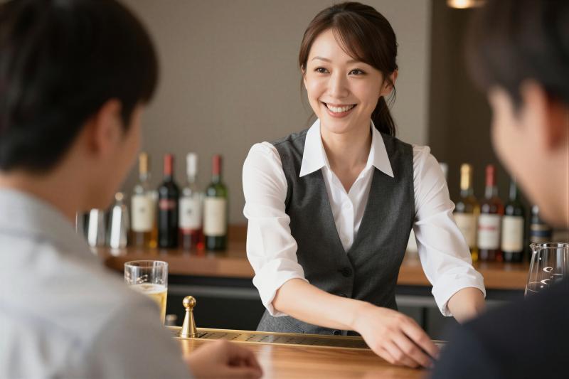 バーで客と談笑するバーテンダー