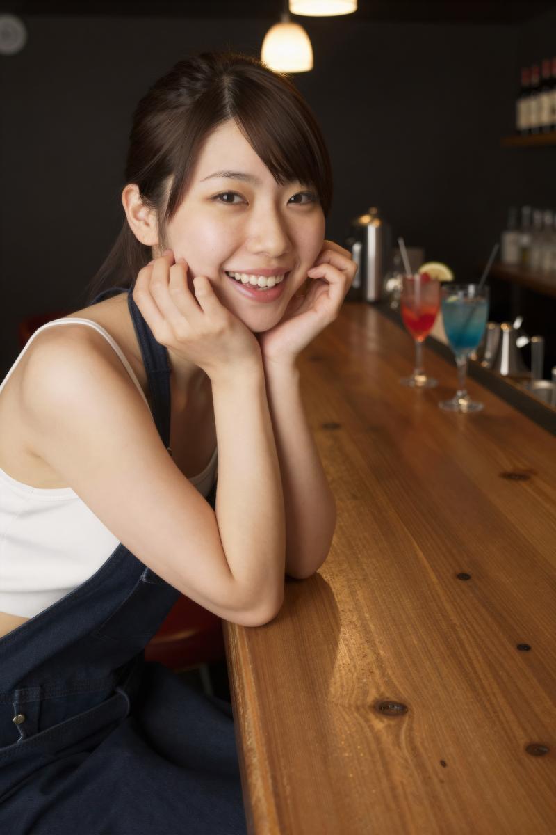 エプロン姿でガールズバー求人にくつろぐ美女