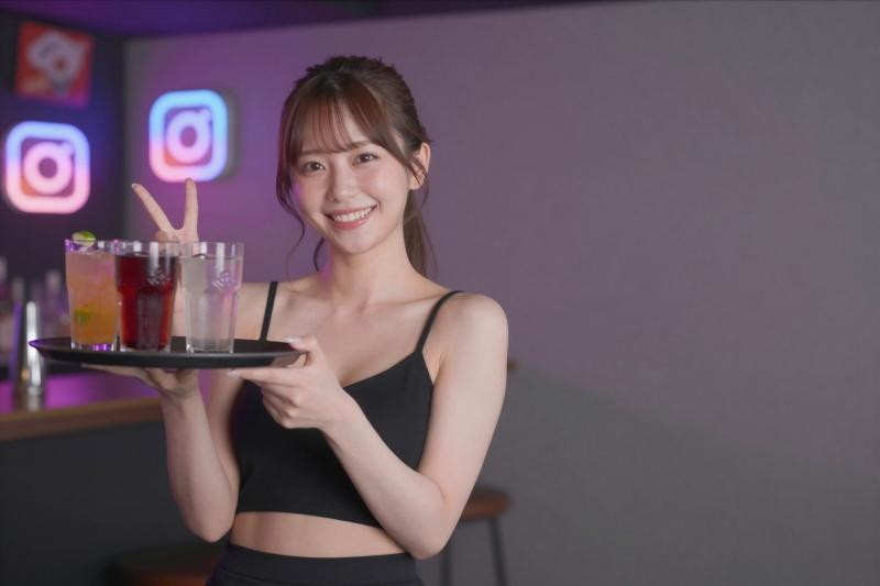 ガールズバー求人で見せる黒制服の笑顔ショット