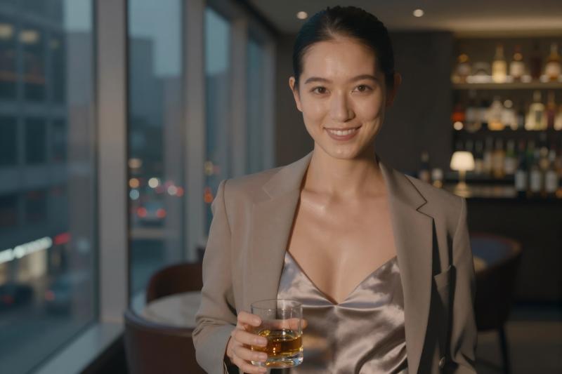 ラウンジでシャンパンを手にする美しい女性