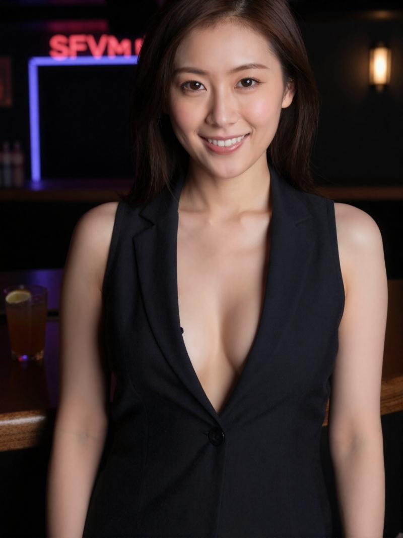 バーでの笑顔で招くドレス姿