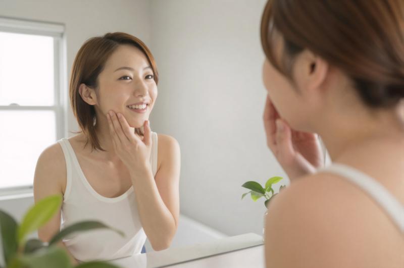 朝の洗面所で肌の状態を観察する女性