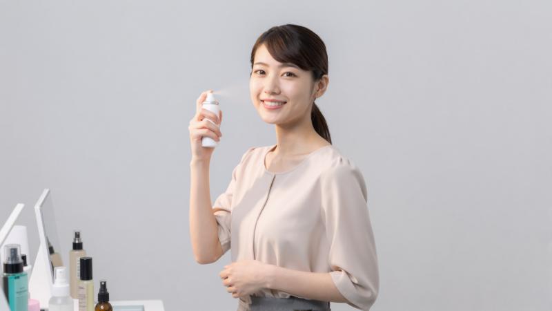 デパートでフェイシャルミストを試す女性