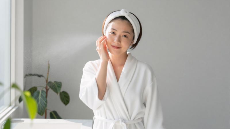 バスルームでフェイシャルミストを使う女性