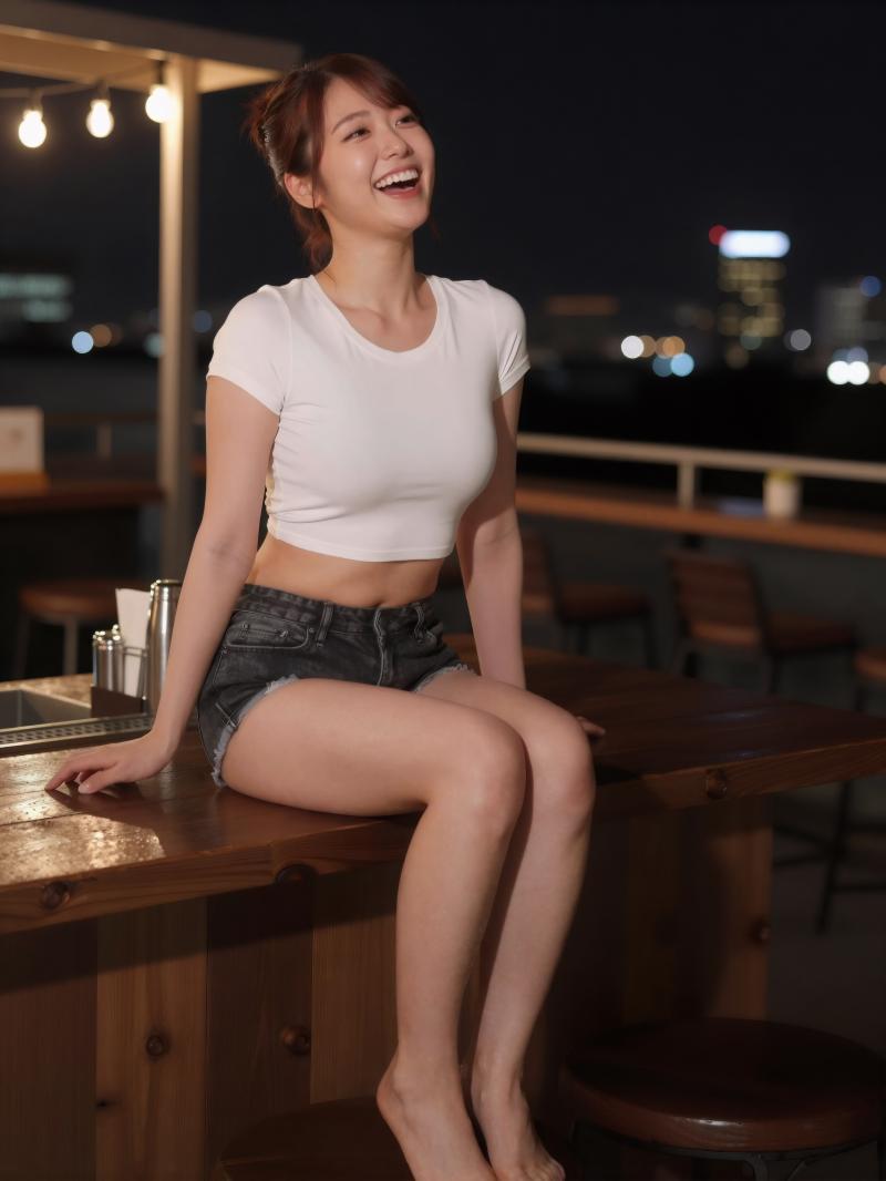 屋上ガールズバーの夜景に照らされた密着