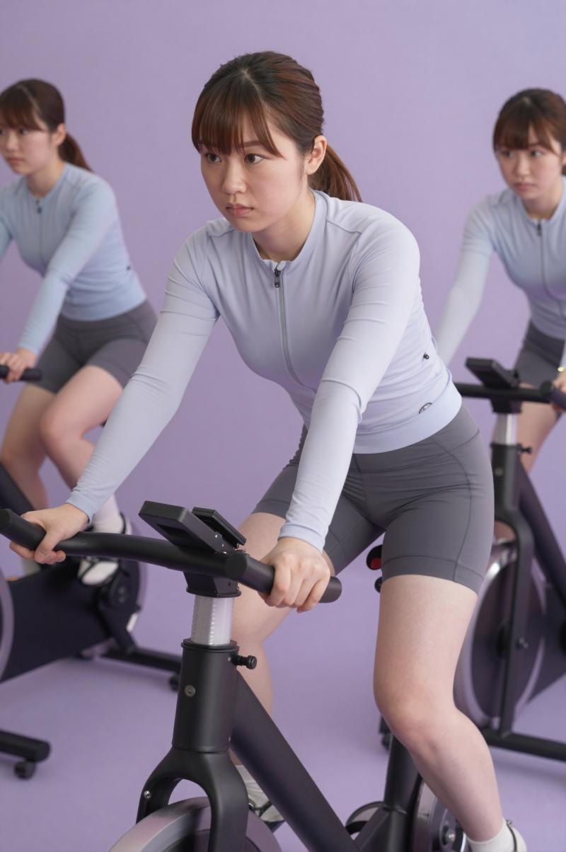 フィットネスバイクで汗を流す女性