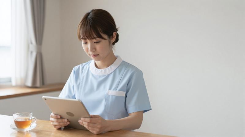 在宅医療で記録を確認する看護師