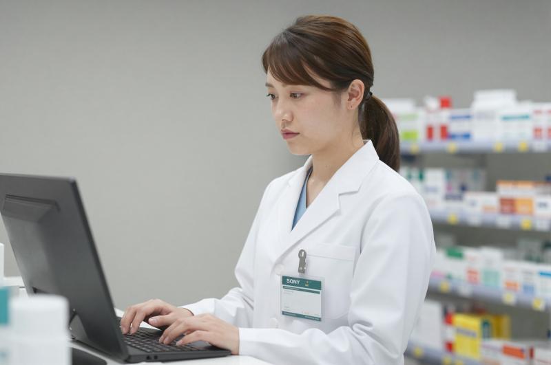 薬局でPC作業する薬剤師