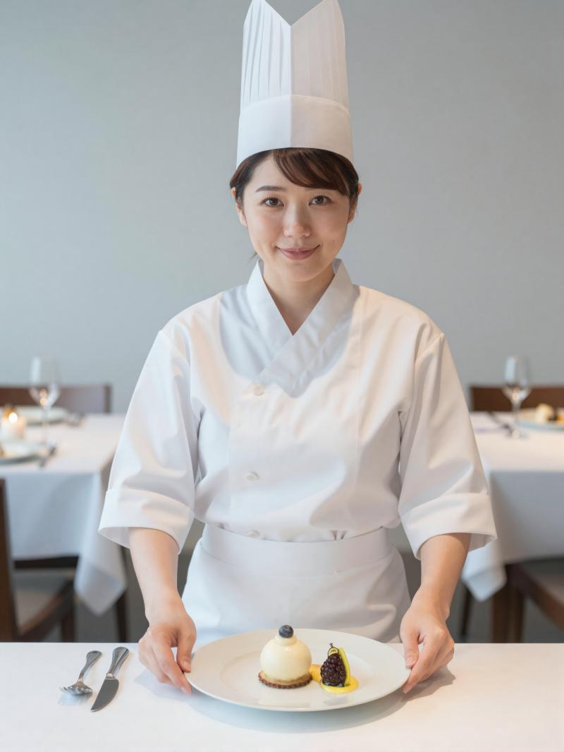 デザートを提供するシェフ