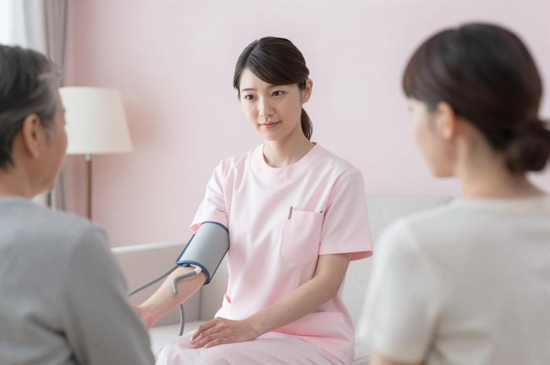 訪問看護で血圧測定する看護師