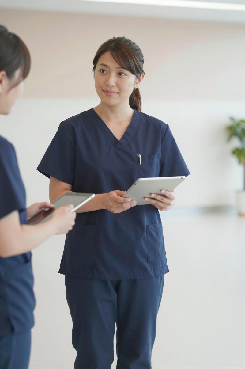 病院ロビーでタブレット操作する医師