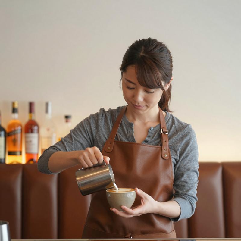 落ち着いたバーでラテアートを淹れる女性