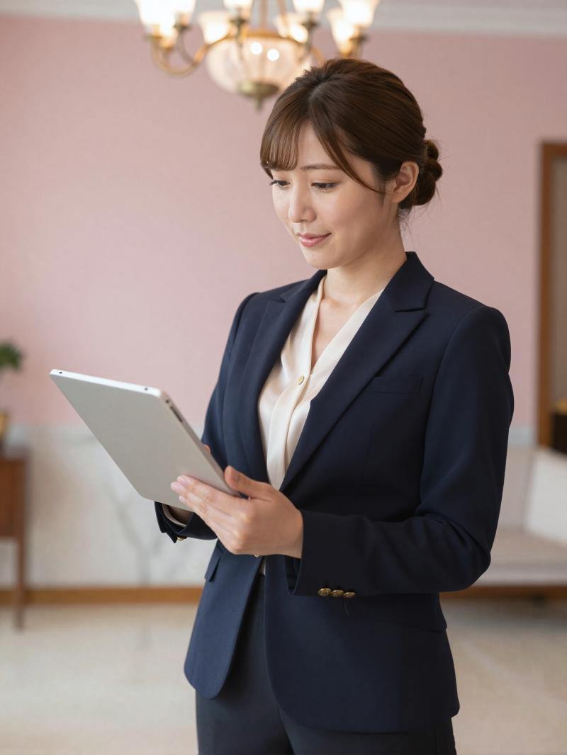 ホテルロビーでタブレット対応する女性