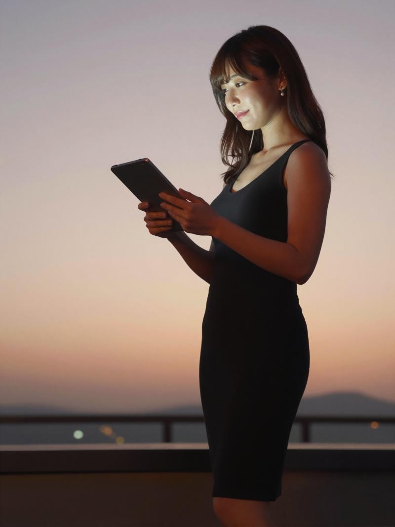 夕暮れの屋上バーで予約確認する女性