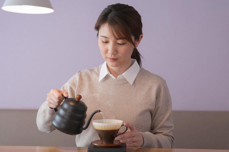 カフェでハンドドリップコーヒーを淹れる女性
