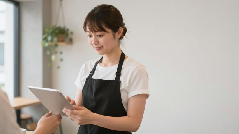 モダンカフェで注文を取る女性スタッフ