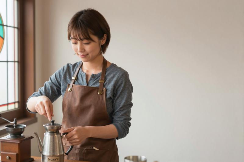 レトロな喫茶店でコーヒー器具を磨く女性
