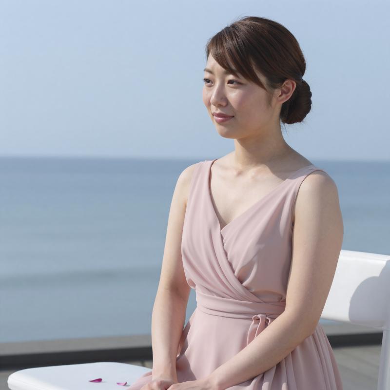 海辺で感動するブライズメイド