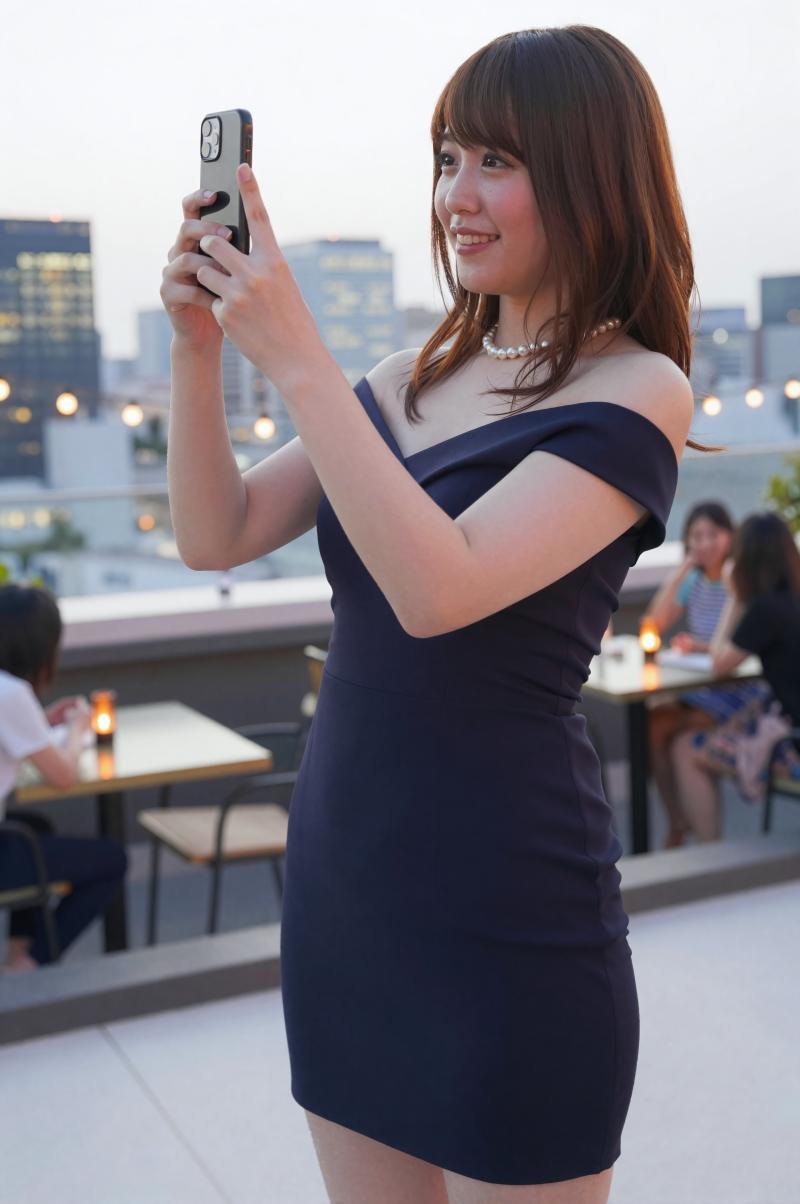 屋上から夜景を撮る女性