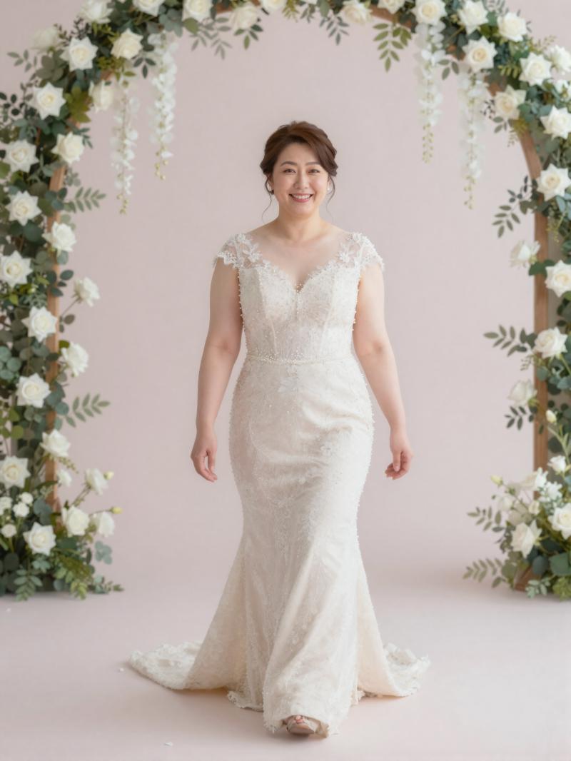 花咲くアーチを歩む花嫁