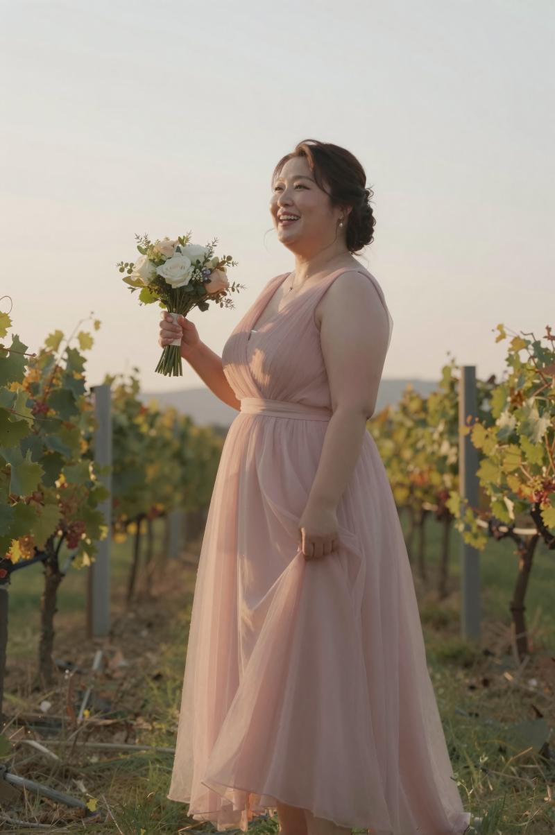 ぶどう畑でブーケトスする女性