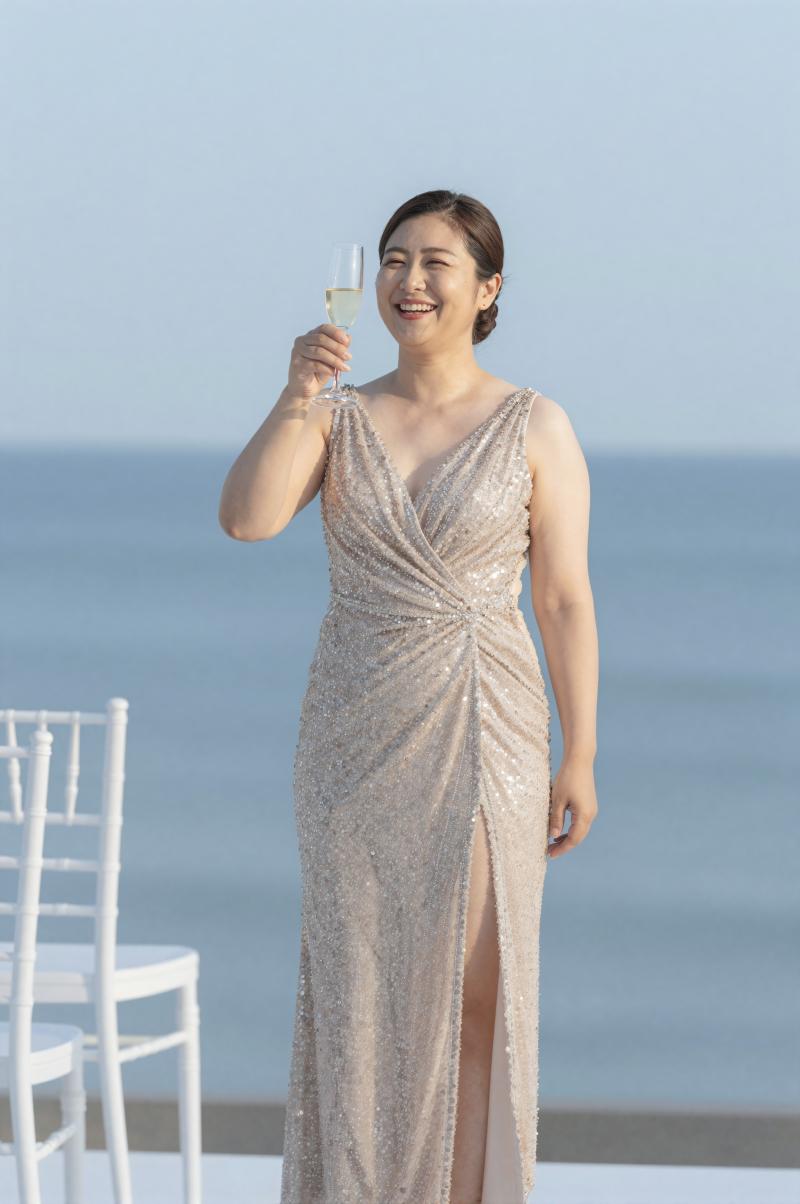 海辺で乾杯するパーティー客