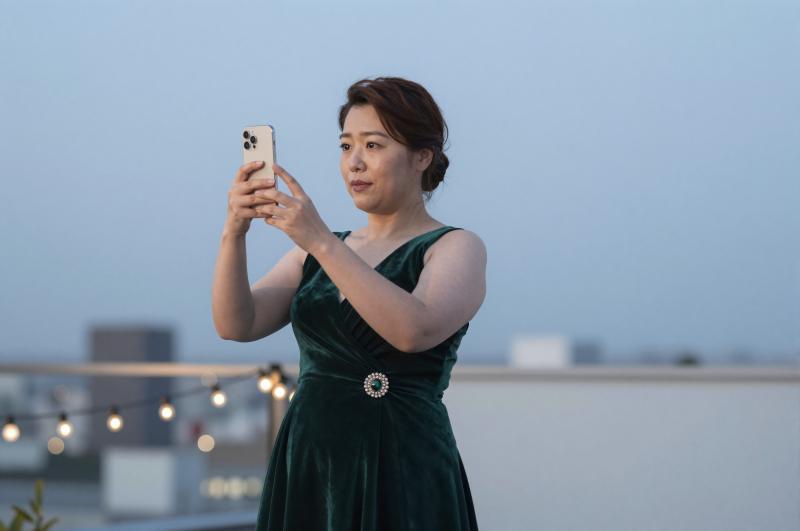 夜景をスマホで撮影する女性