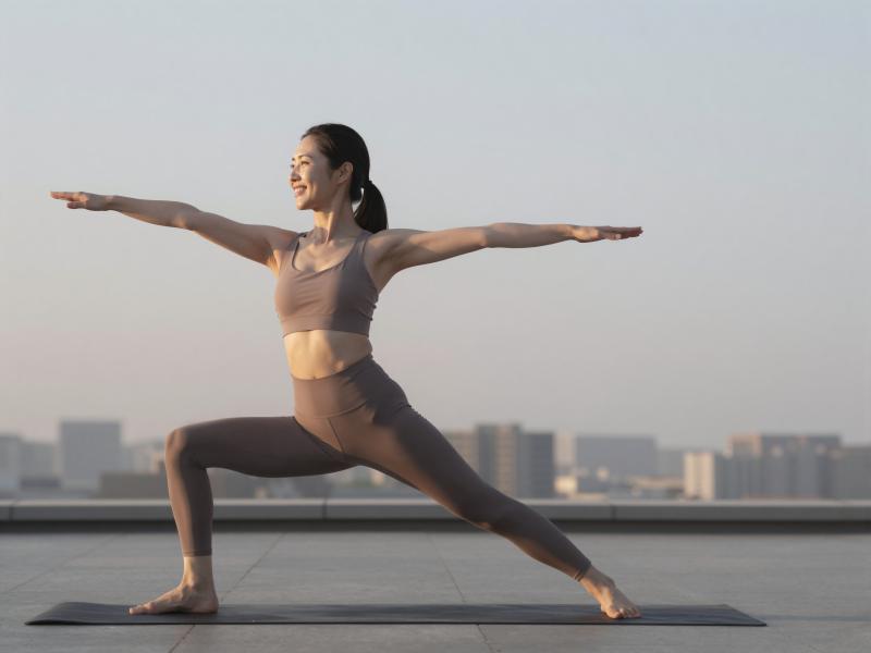 屋上ヨガで日の出を浴びる女性