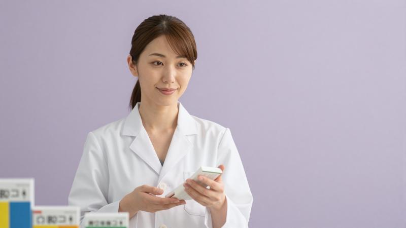 薬局で薬の説明をする薬剤師