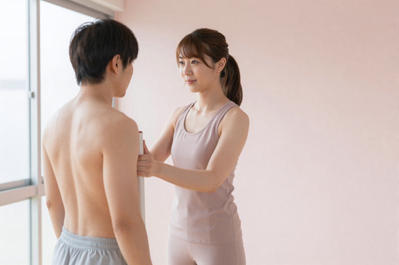 リハビリジムで階段昇降を指導