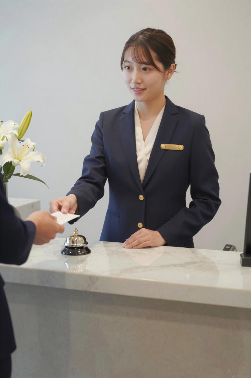 ホテルロビーで客を迎える女性スタッフ