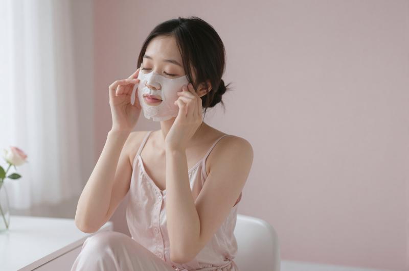 寝室でシートマスクをする女性