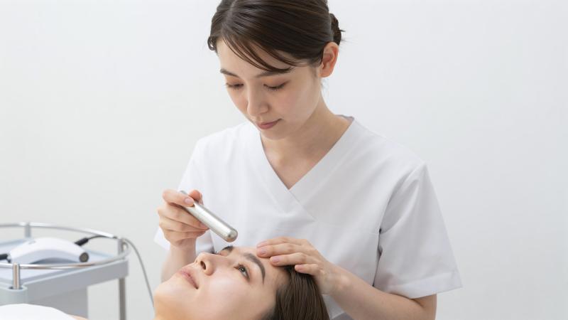 肌診断を行うエステティシャン